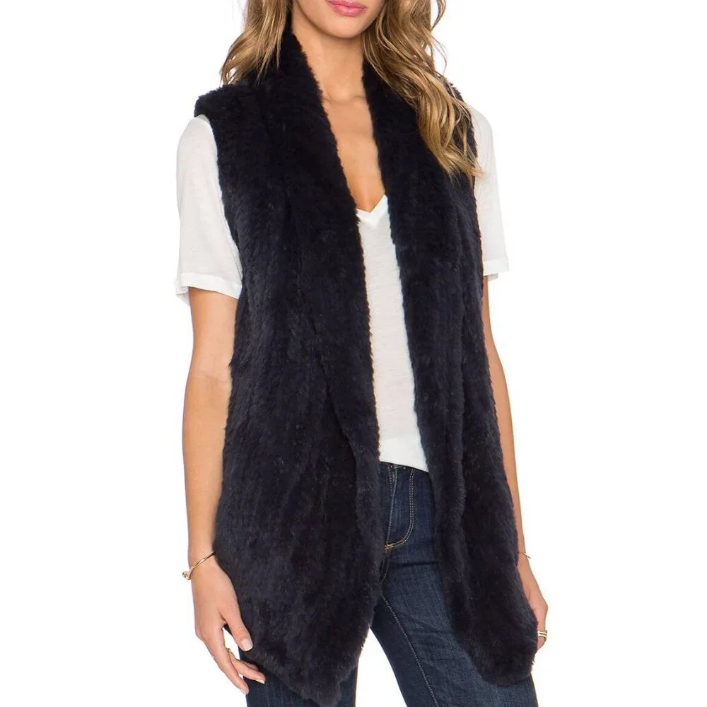 June Navy Rabbit Fur Snap-Front Vest - Picture 1 of 5